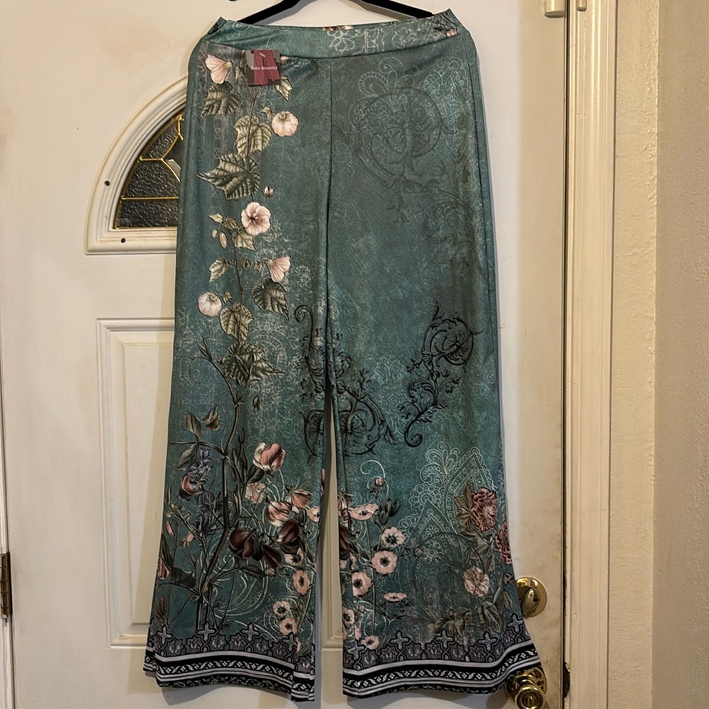 Asian Floral Green Wide-Leg Pants -NWT